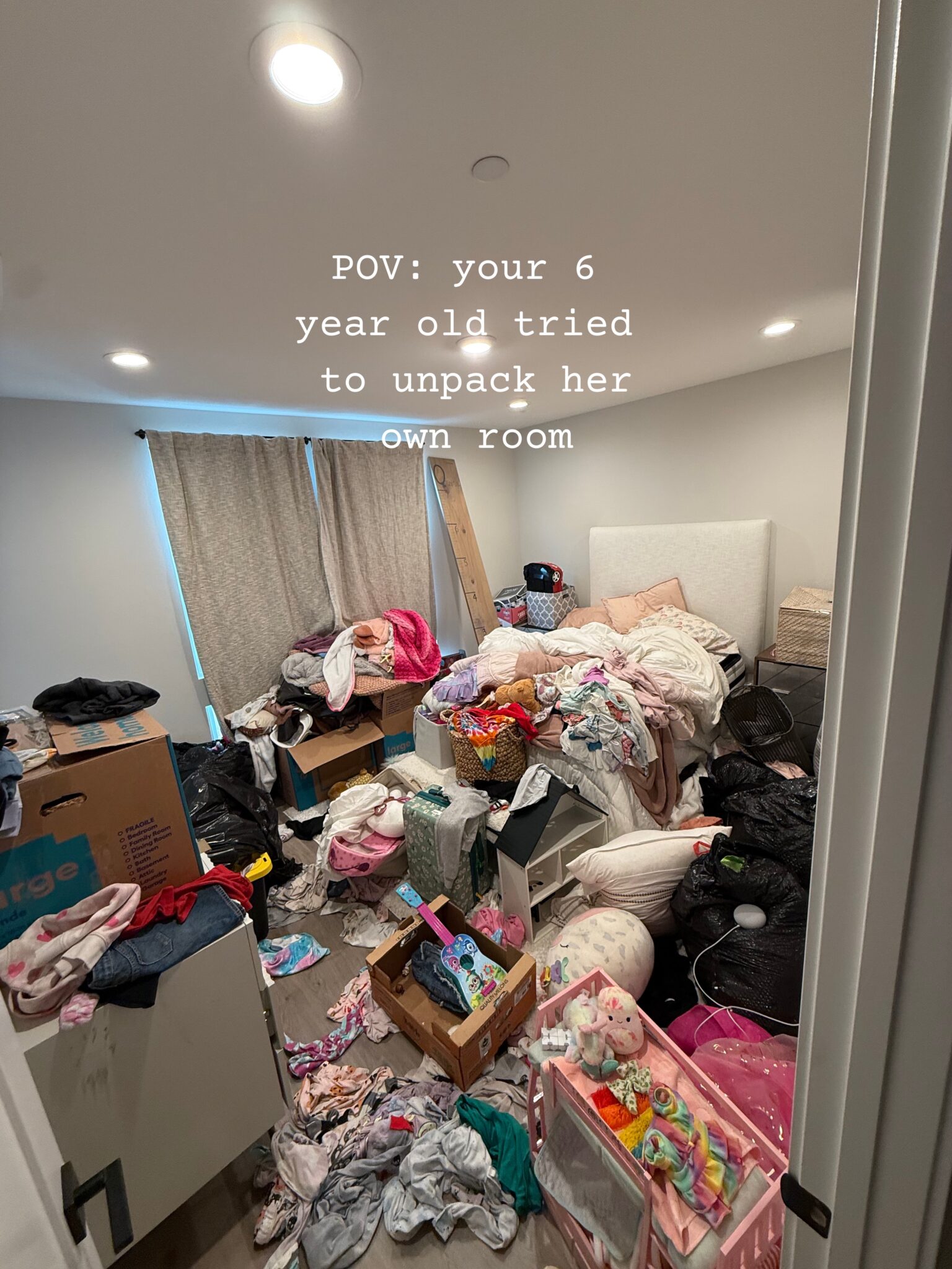 POV: your 6 year old tried to unpack her own room Kids Room Before Unpack Organization